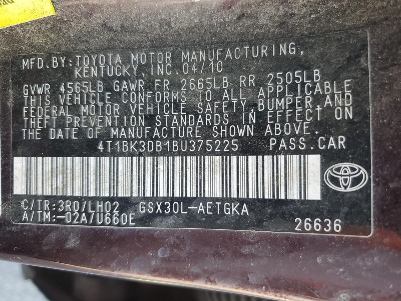 2011 Toyota Avalon Base VIN: 4T1BK3DB1BU375225 Lot: 81714025