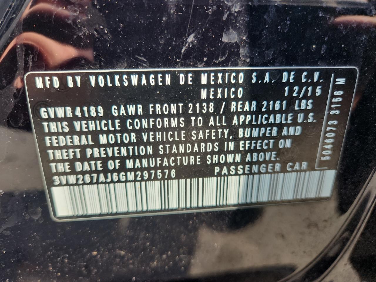 2016 Volkswagen Jetta S VIN: 3VW267AJ6GM297576 Lot: 71747645