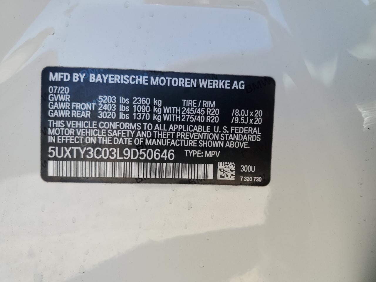 2020 BMW X3 Sdrive30I VIN: 5UXTY3C03L9D50646 Lot: 84001125