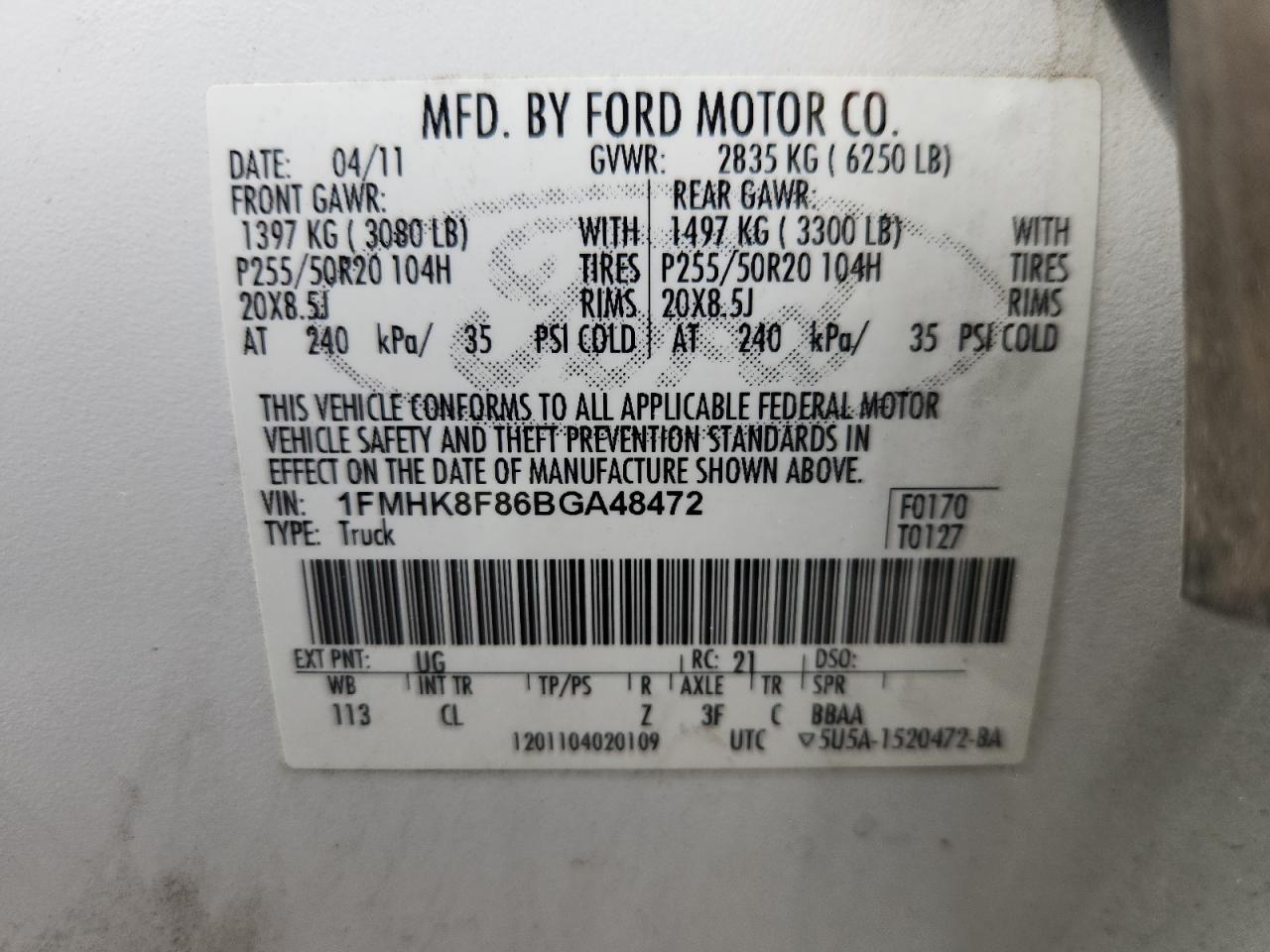 2011 Ford Explorer Limited VIN: 1FMHK8F86BGA48472 Lot: 81519205