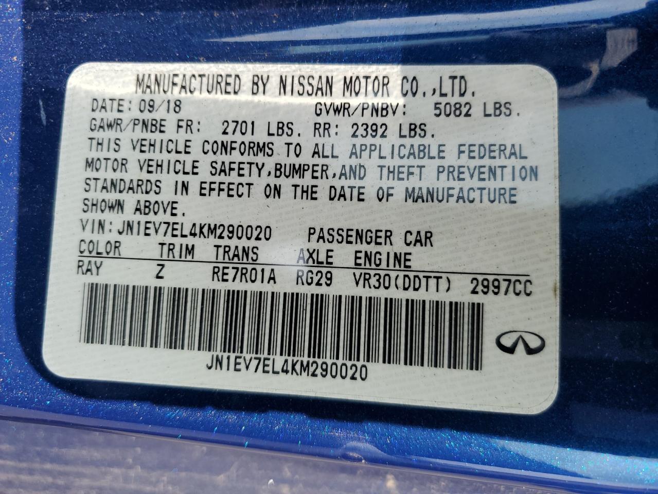 2019 Infiniti Q60 Pure VIN: JN1EV7EL4KM290020 Lot: 71982995