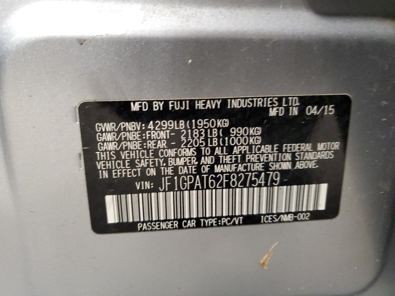 2015 Subaru Impr 2.0I VIN: JF1GPAT62F8275479 Lot: 81140385