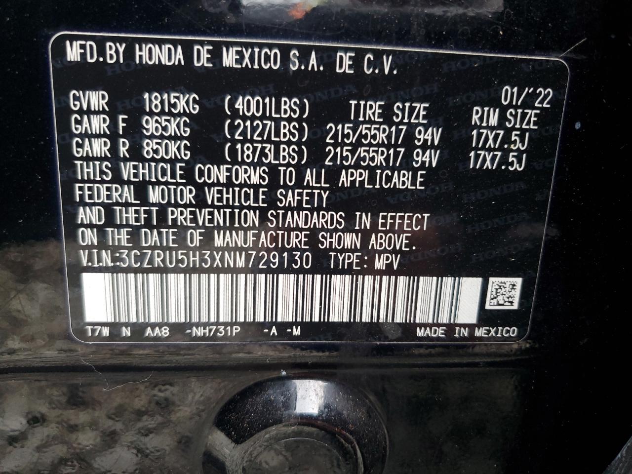 2022 Honda Hr-V Lx VIN: 3CZRU5H3XNM729130 Lot: 81713165