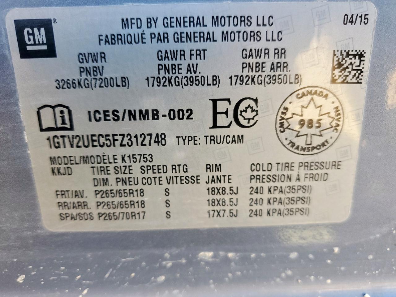 2015 GMC Sierra K1500 Sle VIN: 1GTV2UEC5FZ312748 Lot: 71834235