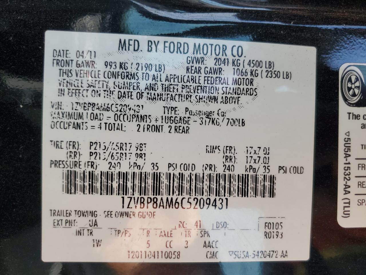 2012 Ford Mustang VIN: 1ZVBP8AM6C5209431 Lot: 72038025