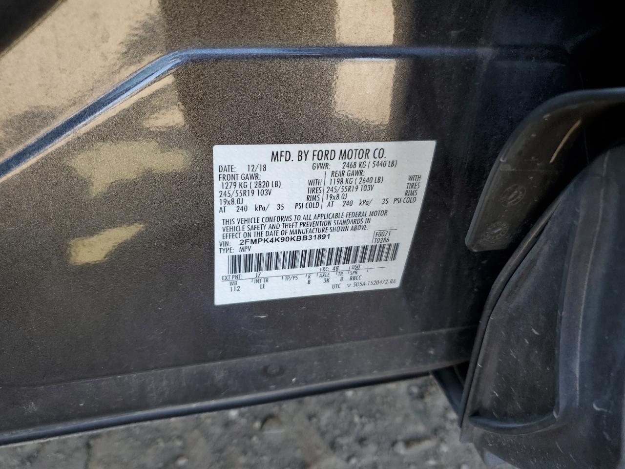 2019 Ford Edge Titanium VIN: 2FMPK4K90KBB31891 Lot: 81068205