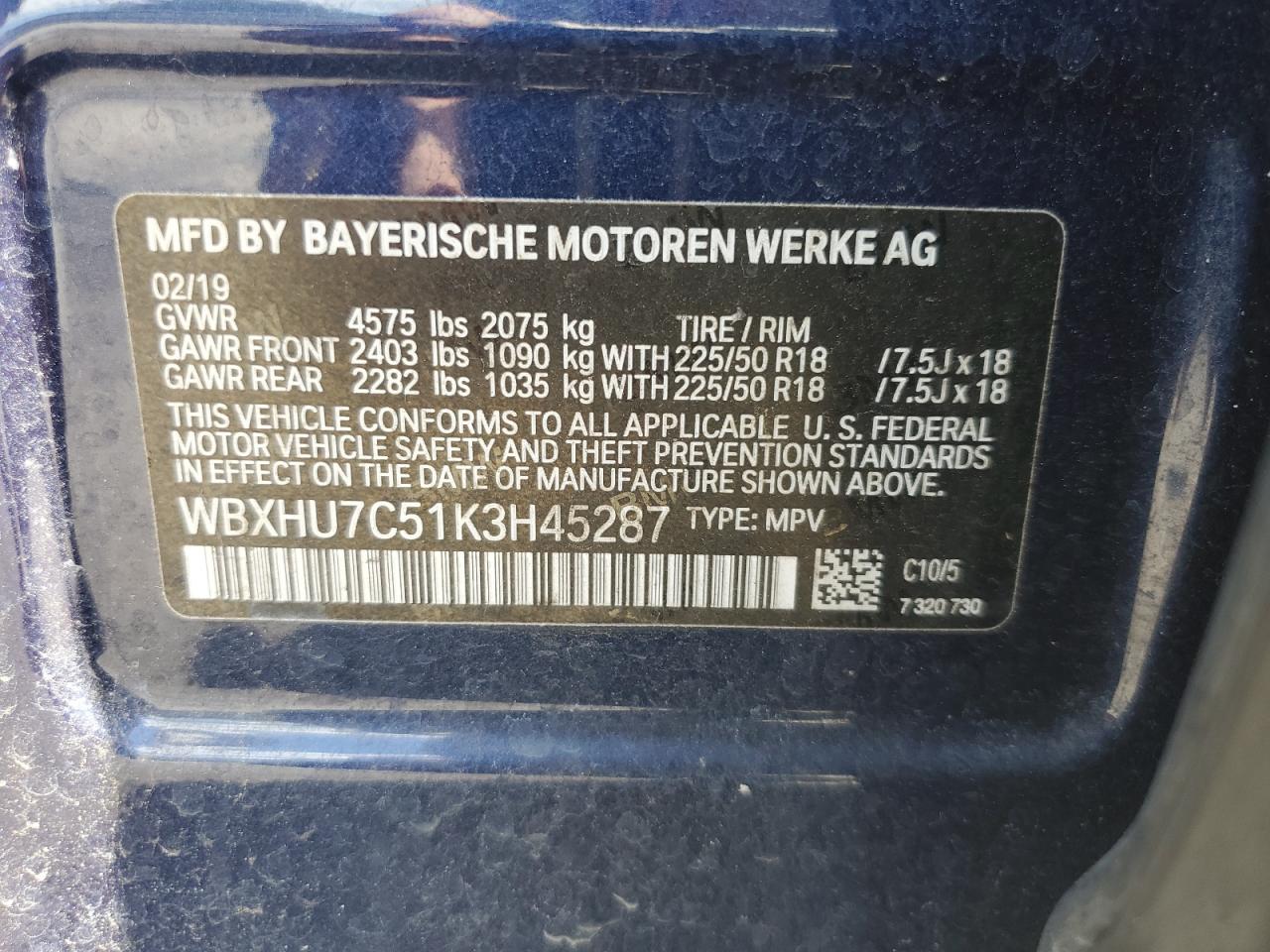 2019 BMW X1 Sdrive28I VIN: WBXHU7C51K3H45287 Lot: 70947395