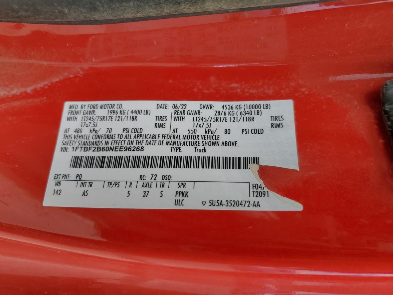 2022 Ford F250 Super Duty VIN: 1FTBF2B60NEE96268 Lot: 70657965