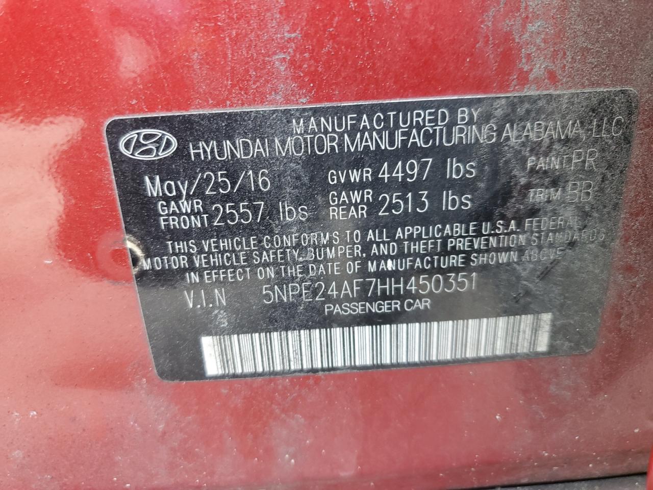 2017 Hyundai Sonata Se VIN: 5NPE24AF7HH450351 Lot: 80242545