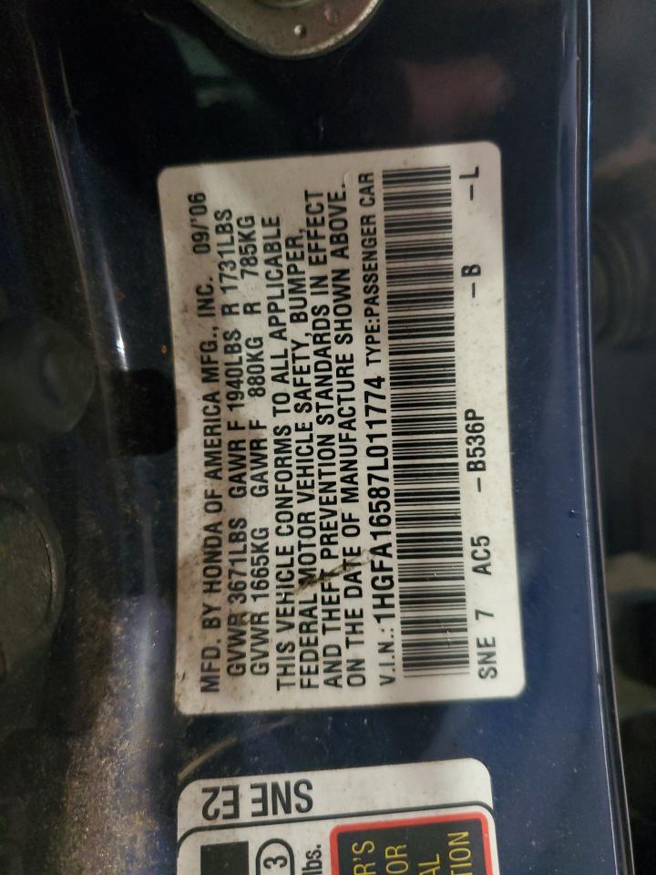 2007 Honda Civic Lx VIN: 1HGFA16587L011774 Lot: 83798335