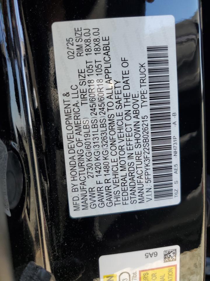 2025 Honda Ridgeline Sport VIN: 5FPYK3F22SB026215 Lot: 81691215