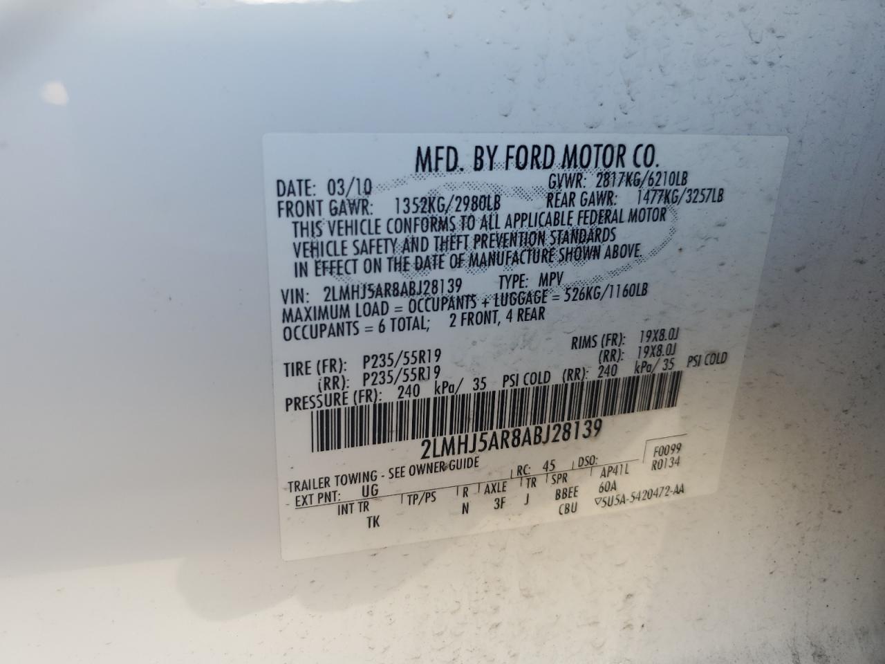 2010 Lincoln Mkt VIN: 2LMHJ5AR8ABJ28139 Lot: 80810395