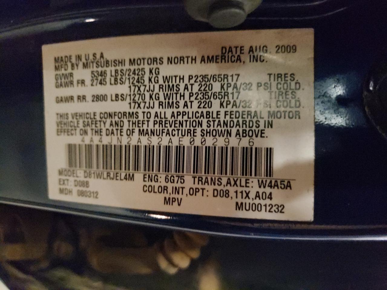 2010 Mitsubishi Endeavor Ls VIN: 4A4JN2AS2AE002976 Lot: 81727225