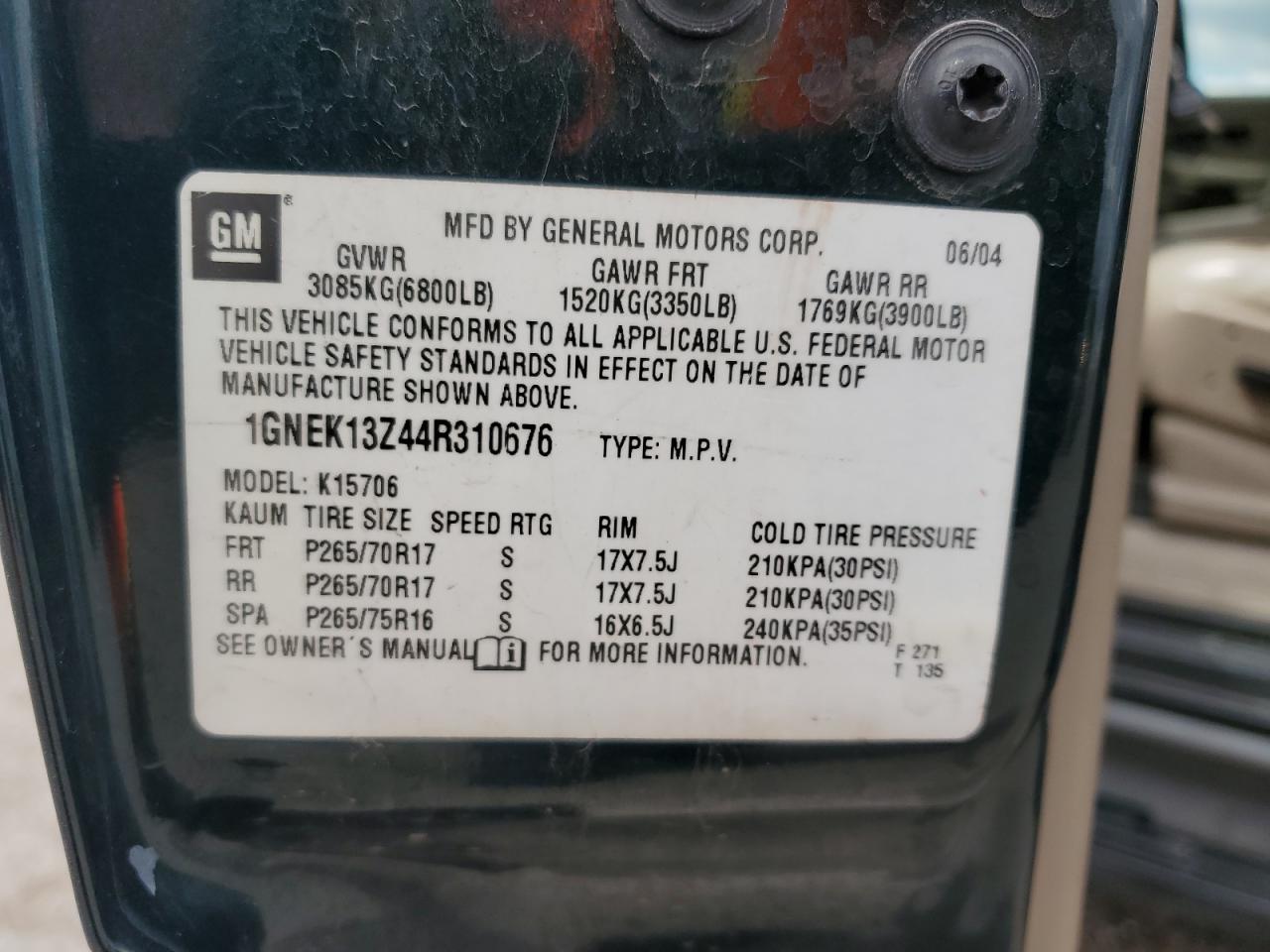 2004 Chevrolet Tahoe K1500 VIN: 1GNEK13Z44R310676 Lot: 84436695