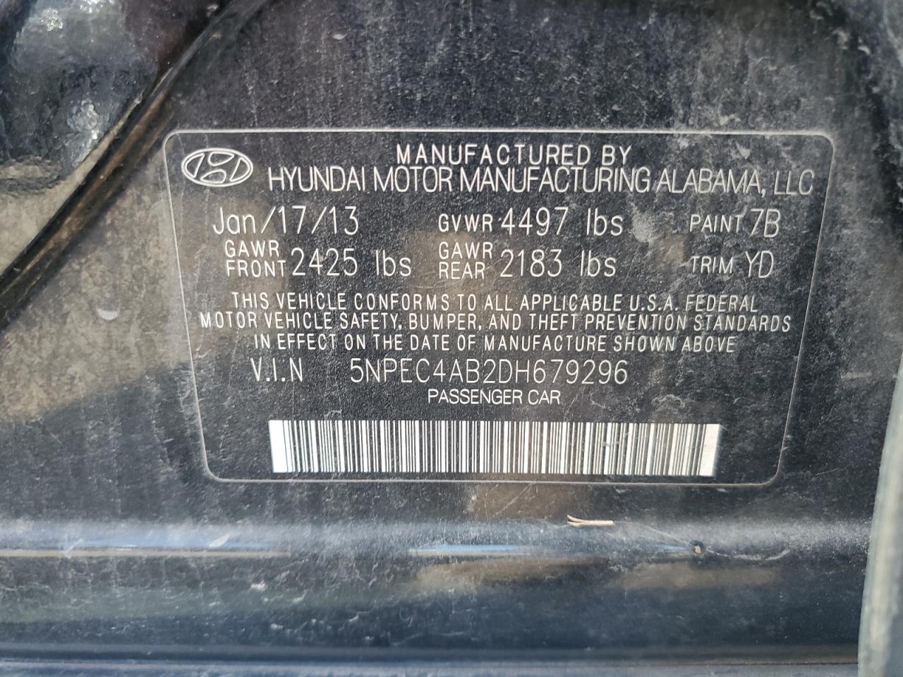 2013 Hyundai Sonata Se VIN: 5NPEC4AB2DH679296 Lot: 70871905