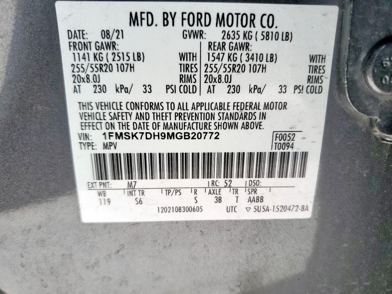 2021 Ford Explorer Xlt VIN: 1FMSK7DH9MGB20772 Lot: 81257175