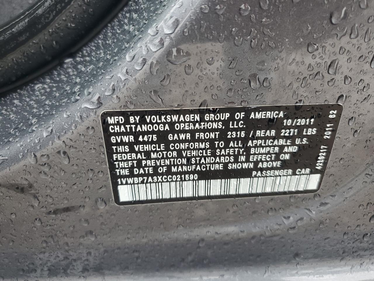 2012 Volkswagen Passat Se VIN: 1VWBP7A3XCC021590 Lot: 81453365