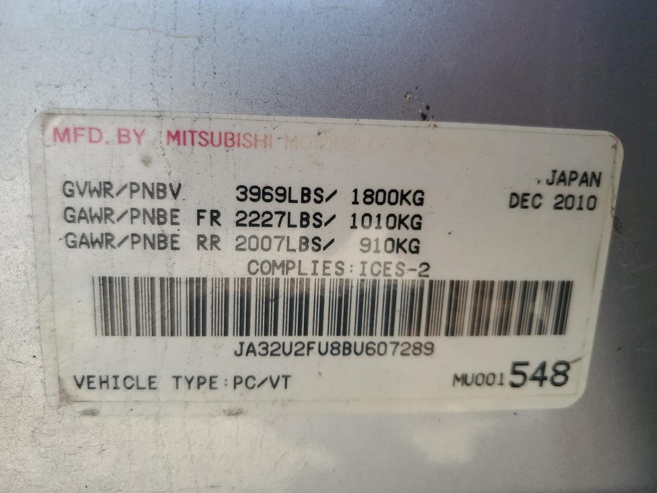 2011 Mitsubishi Lancer Es/Es Sport VIN: JA32U2FU8BU607289 Lot: 71057015