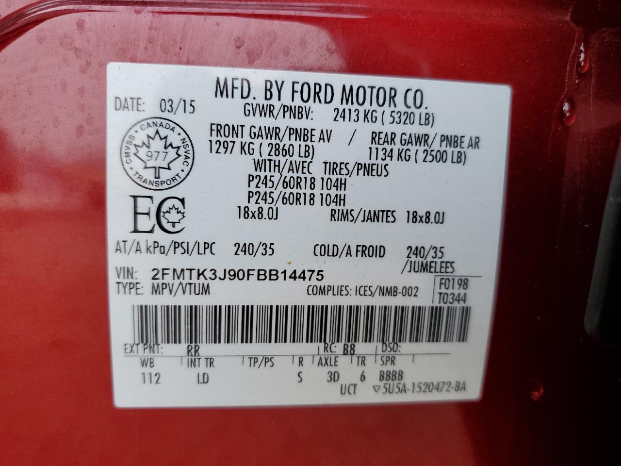 2015 Ford Edge Sel VIN: 2FMTK3J90FBB14475 Lot: 81347485