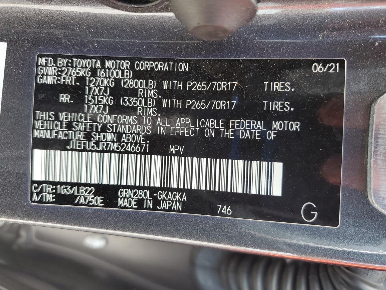 2021 Toyota 4Runner Sr5 VIN: JTEFU5JR7M5246671 Lot: 80172425