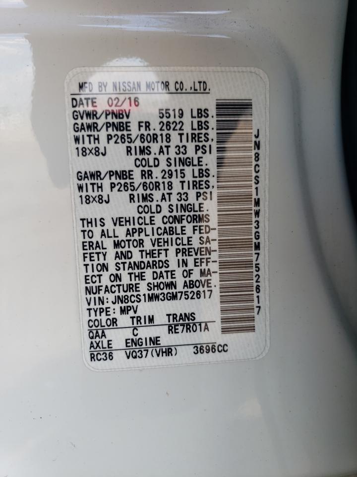 2016 Infiniti Qx70 VIN: JN8CS1MW3GM752617 Lot: 71480845