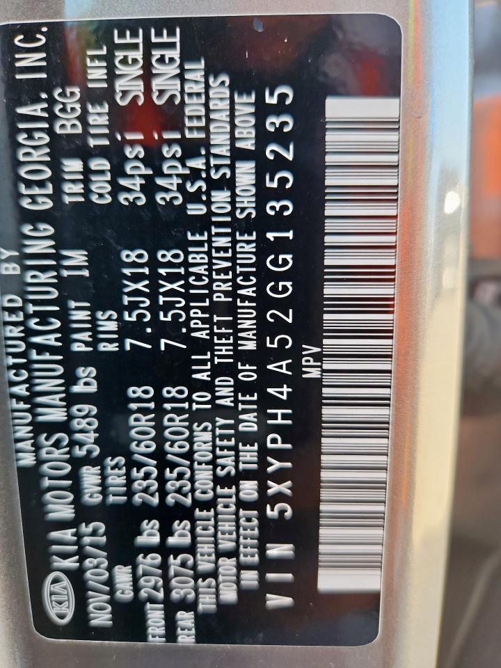 2016 Kia Sorento Ex VIN: 5XYPH4A52GG135235 Lot: 80185135