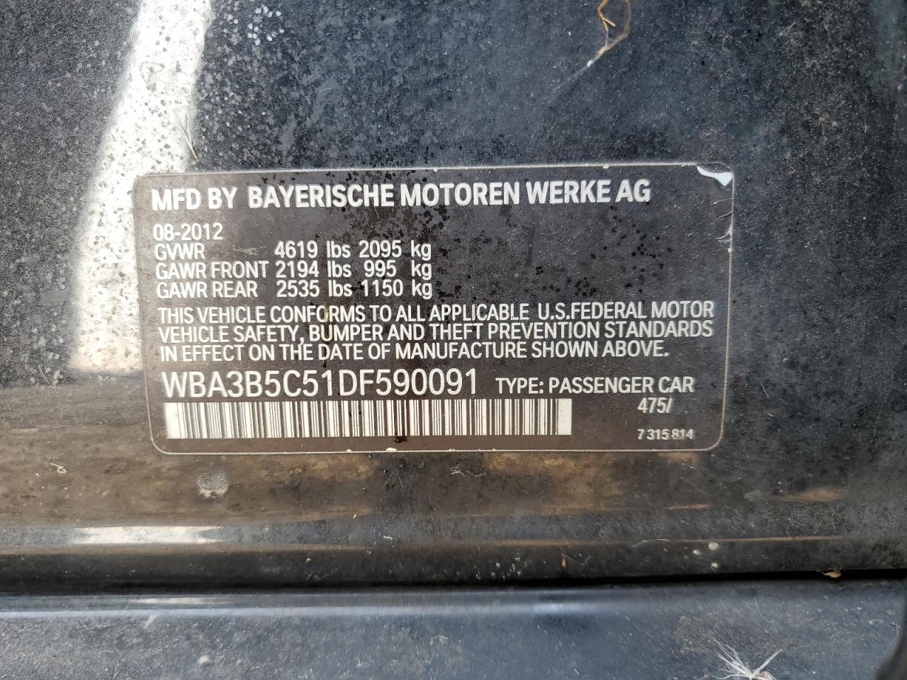 2013 BMW 328 Xi Sulev VIN: WBA3B5C51DF590091 Lot: 84436725