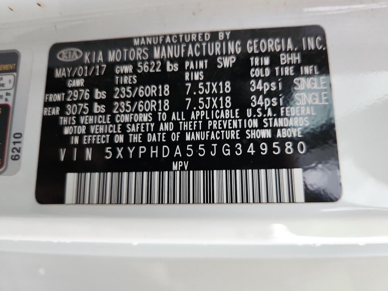 2018 Kia Sorento Ex VIN: 5XYPHDA55JG349580 Lot: 80155125