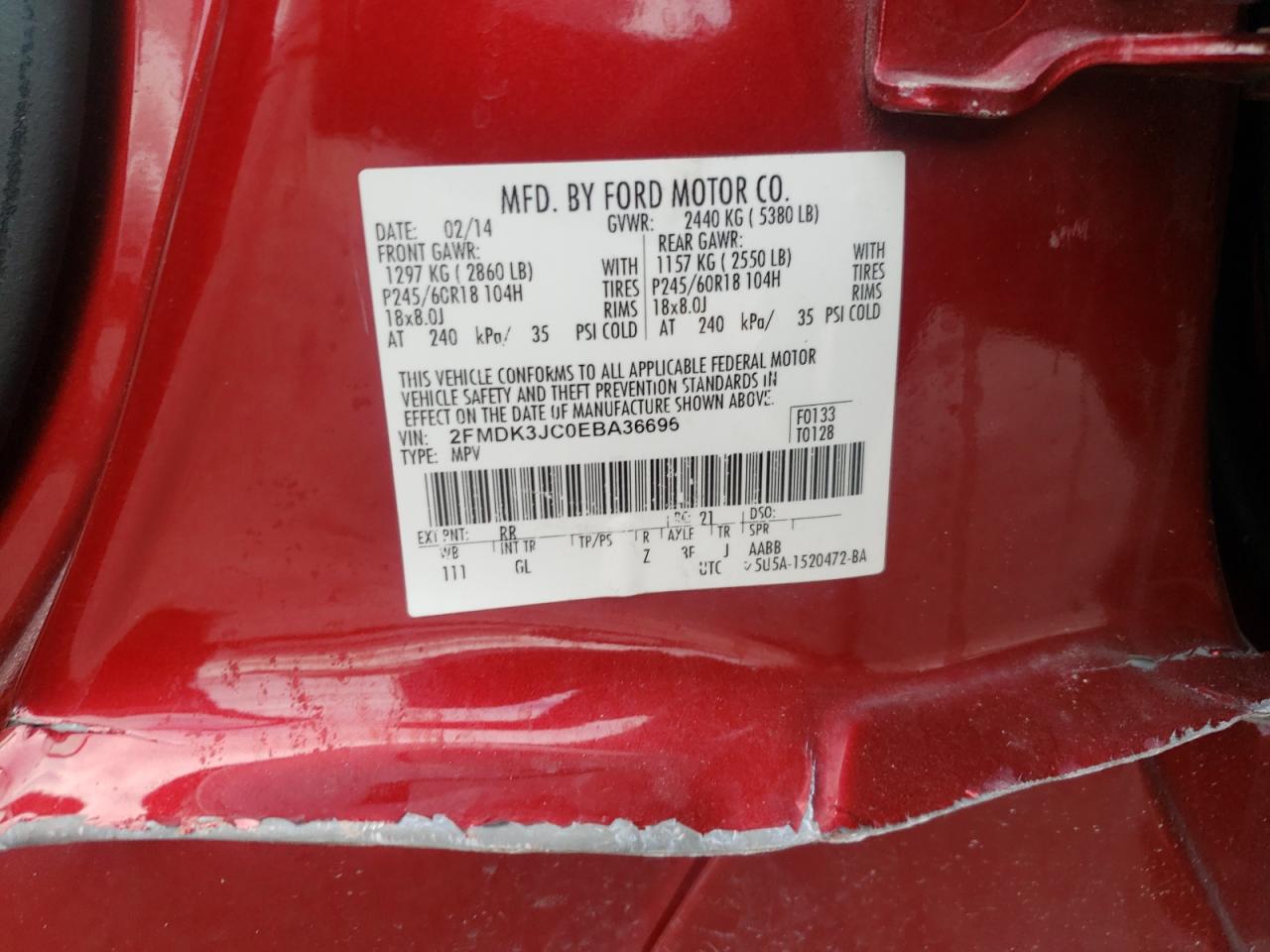 2014 Ford Edge Sel VIN: 2FMDK3JC0EBA36696 Lot: 71147385