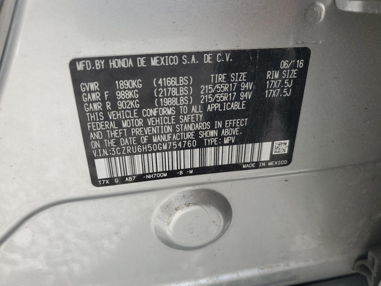 2016 Honda Hr-V Ex VIN: 3CZRU6H50GM754760 Lot: 82040065