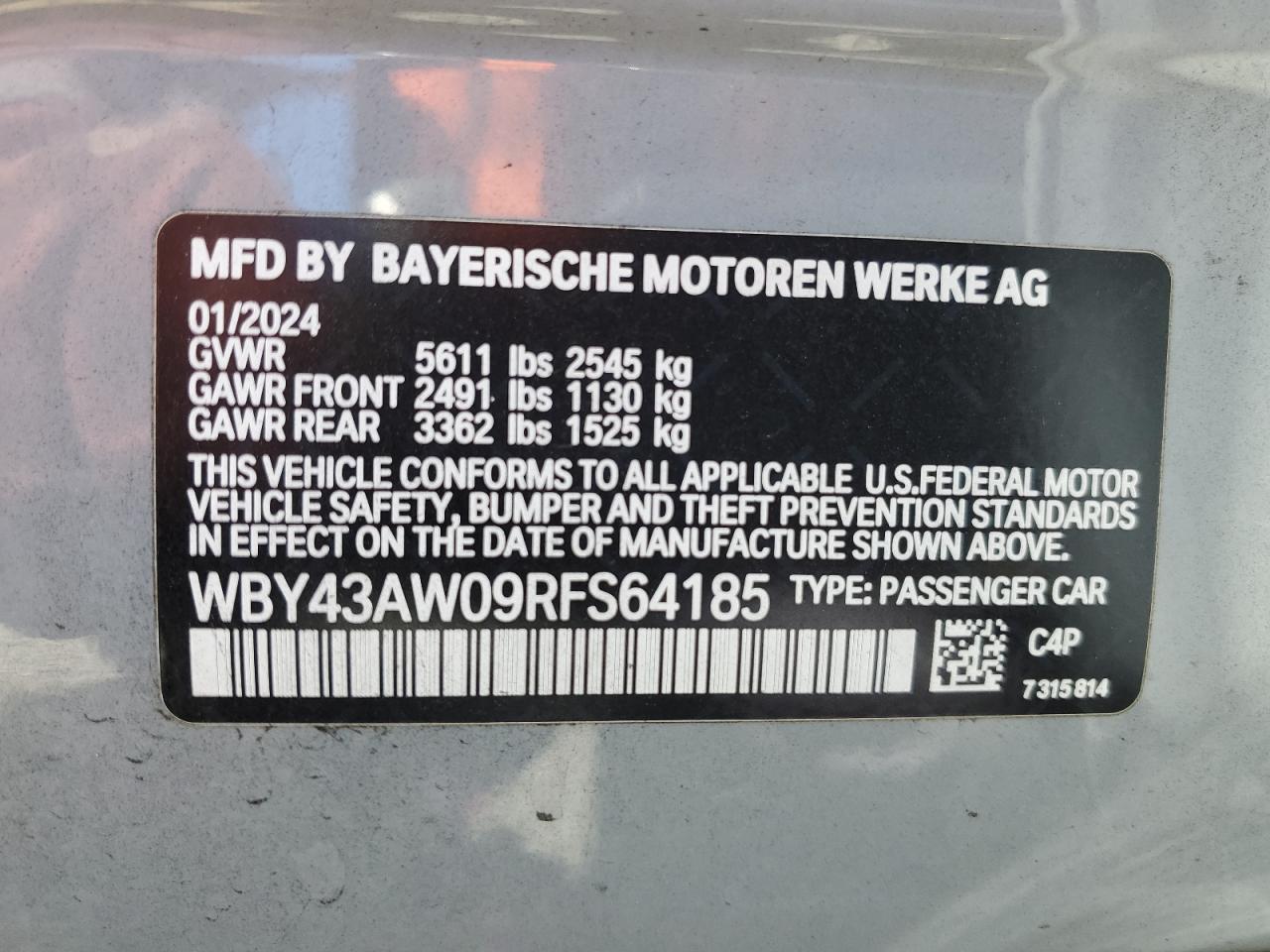 2024 BMW I4 Edrive 35 VIN: WBY43AW09RFS64185 Lot: 80889605