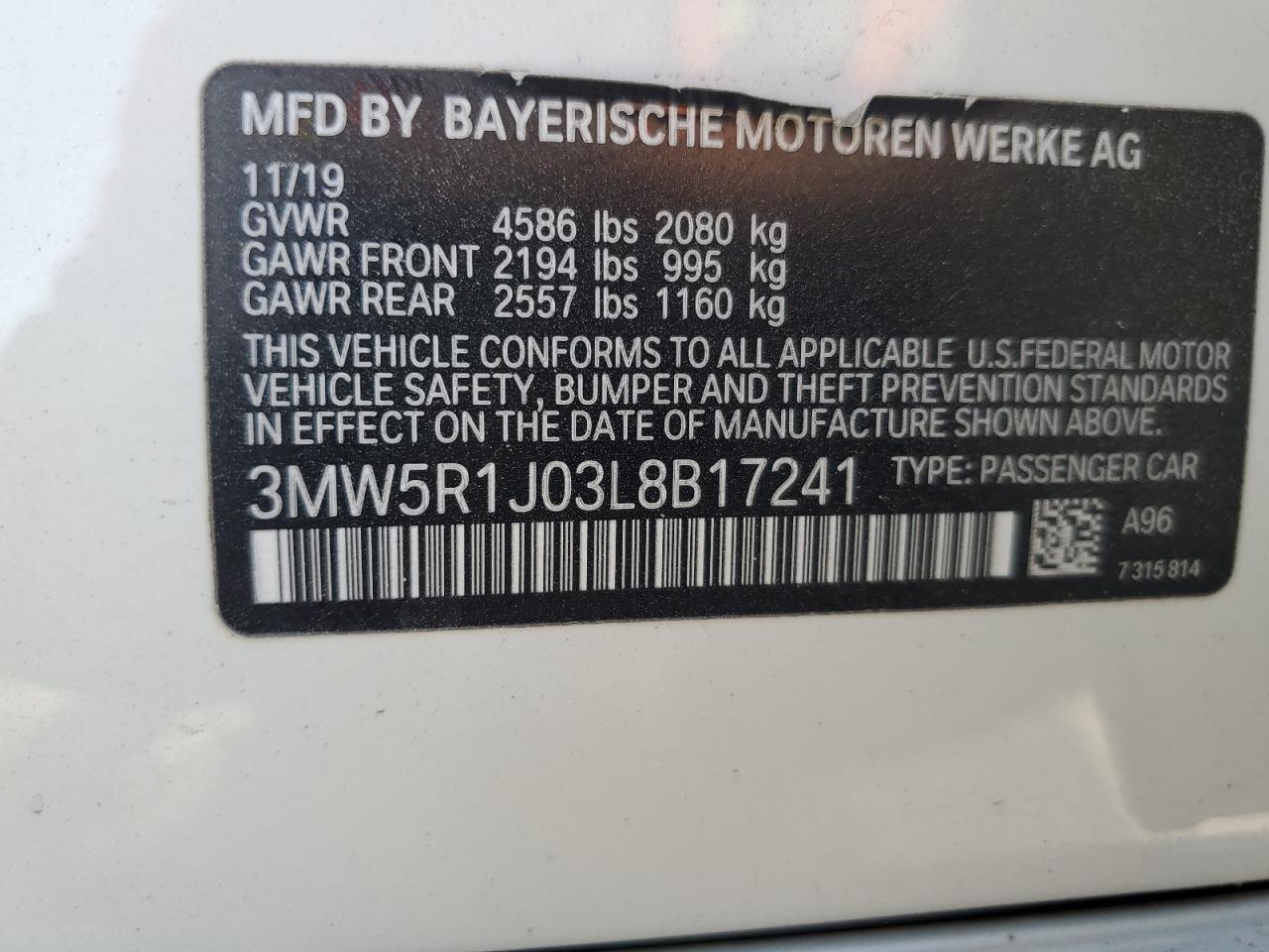 2020 BMW 330I VIN: 3MW5R1J03L8B17241 Lot: 80584155