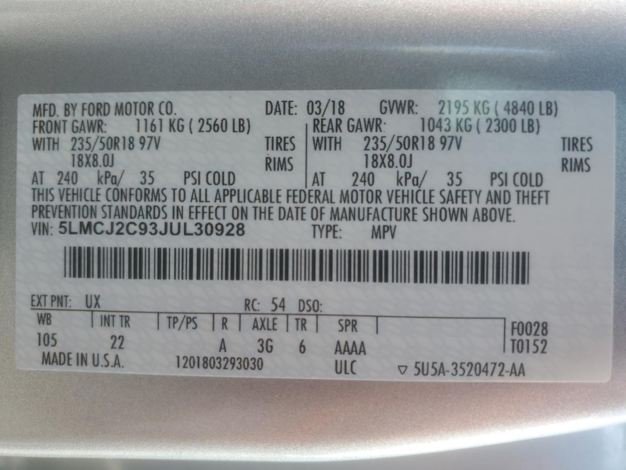 2018 Lincoln Mkc Select VIN: 5LMCJ2C93JUL30928 Lot: 71500855