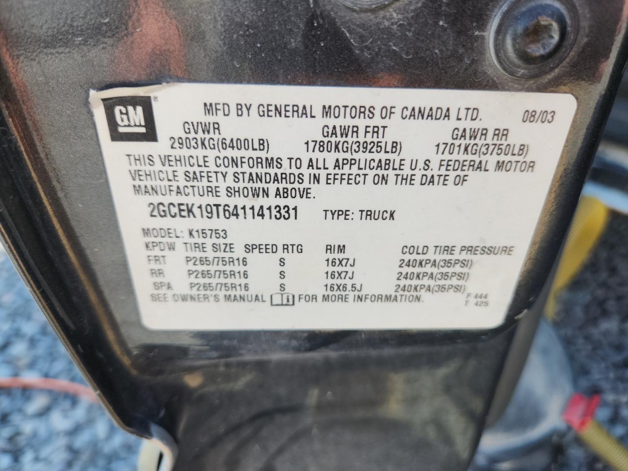 2004 Chevrolet Silverado K1500 VIN: 2GCEK19T641141331 Lot: 80700905