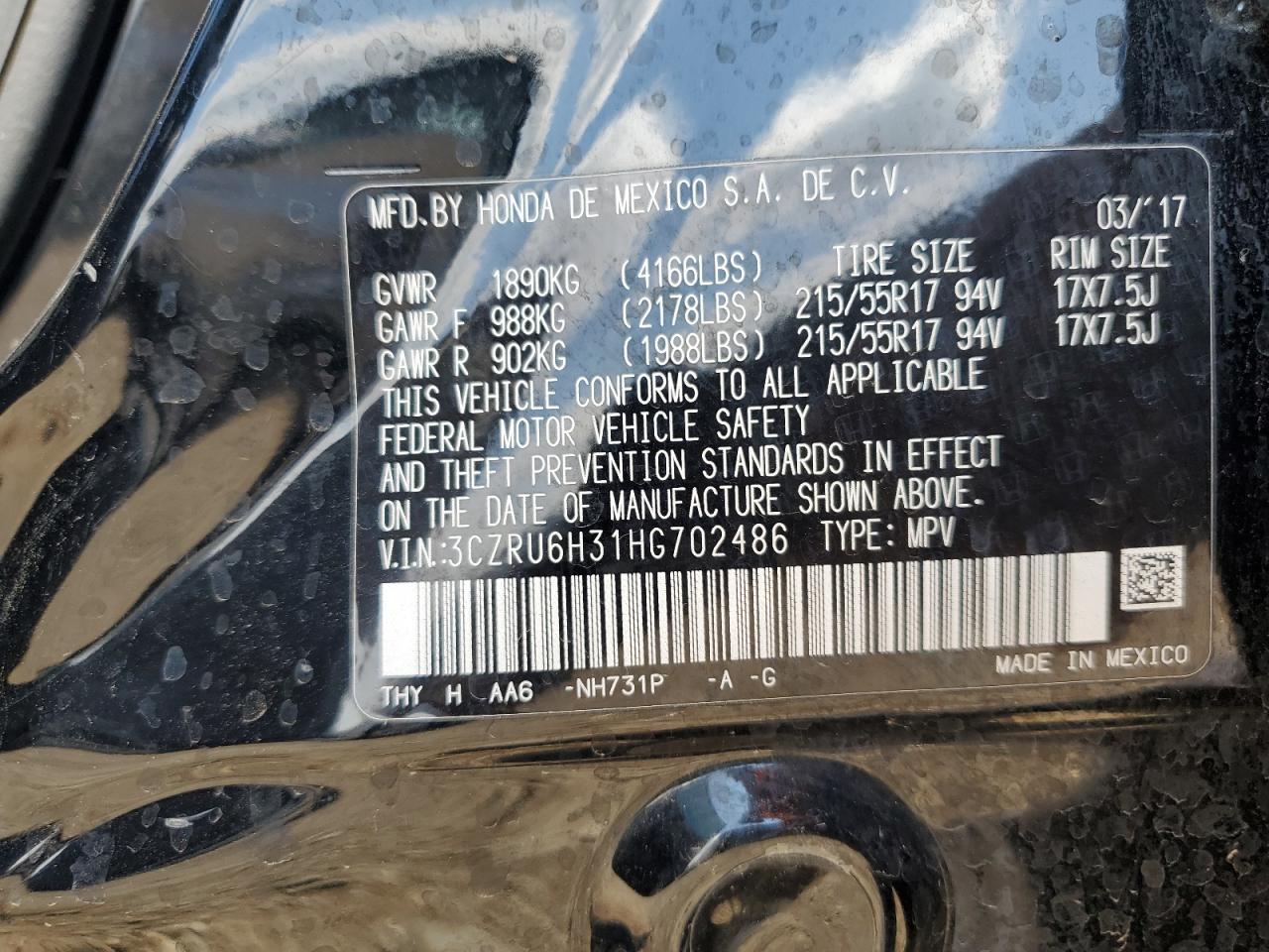 2017 Honda Hr-V Lx VIN: 3CZRU6H31HG702486 Lot: 71322775