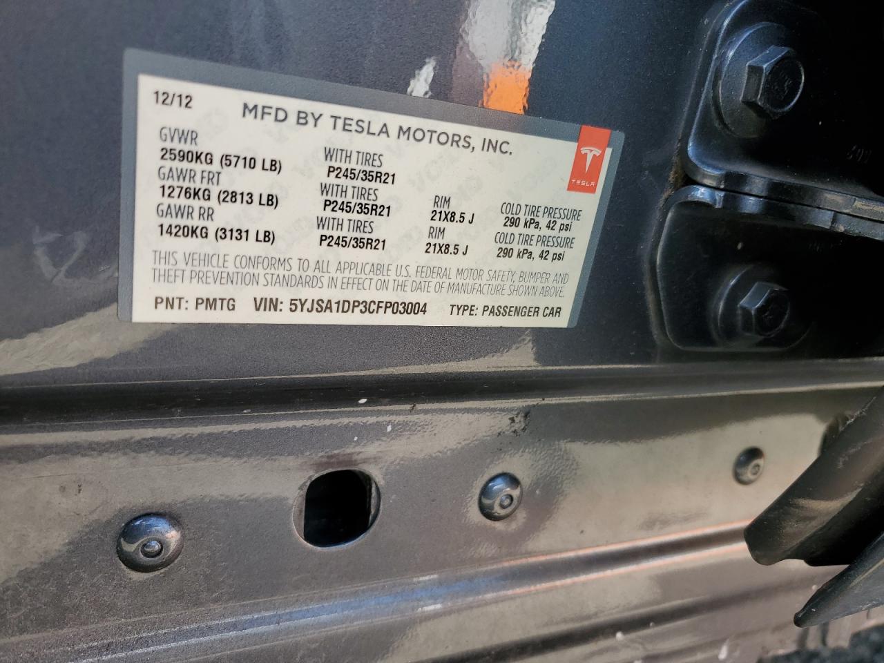 2012 Tesla Model S VIN: 5YJSA1DP3CFP03004 Lot: 82136415