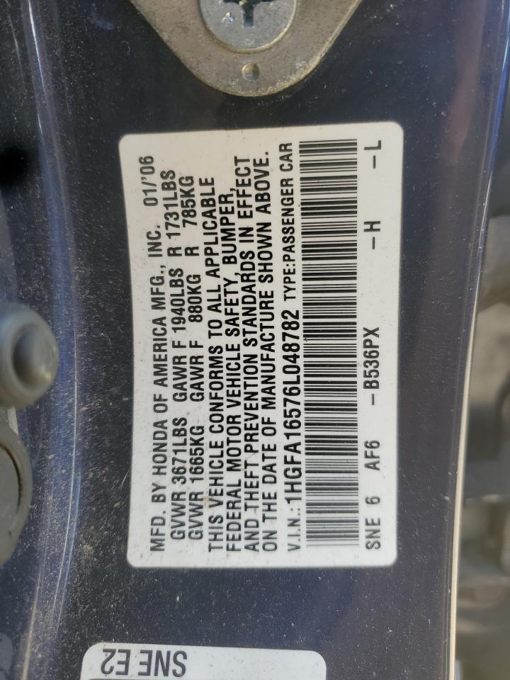 2006 Honda Civic Lx VIN: 1HGFA16576L048782 Lot: 71654385