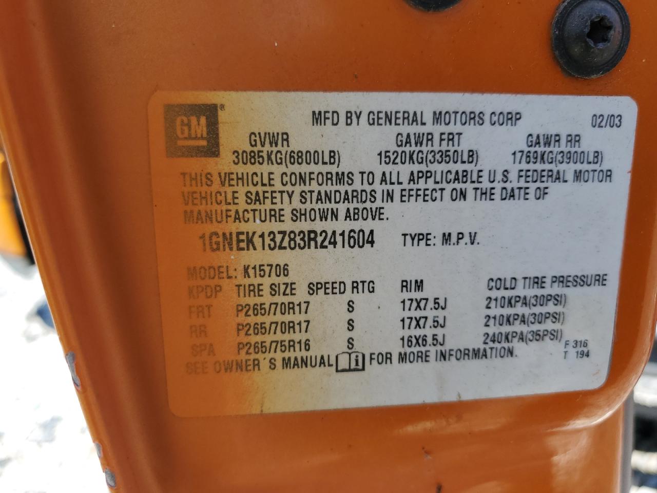 2003 Chevrolet Tahoe K1500 VIN: 1GNEK13Z83R241604 Lot: 80136945