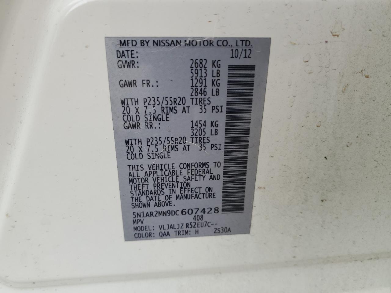 2013 Nissan Pathfinder S VIN: 5N1AR2MN9DC607428 Lot: 81905215