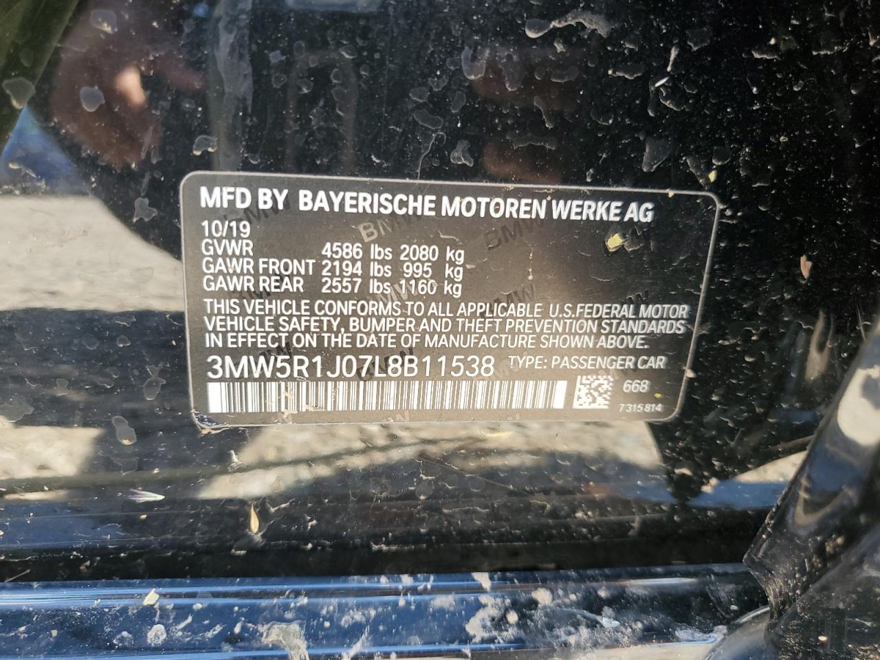 2020 BMW 330I VIN: 3MW5R1J07L8B11538 Lot: 70931695