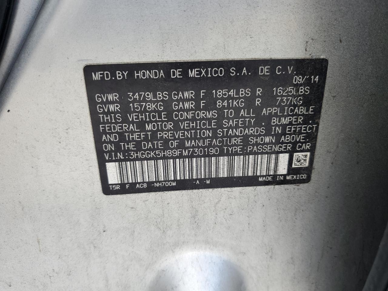 2015 Honda Fit Ex VIN: 3HGGK5H89FM730190 Lot: 84181595