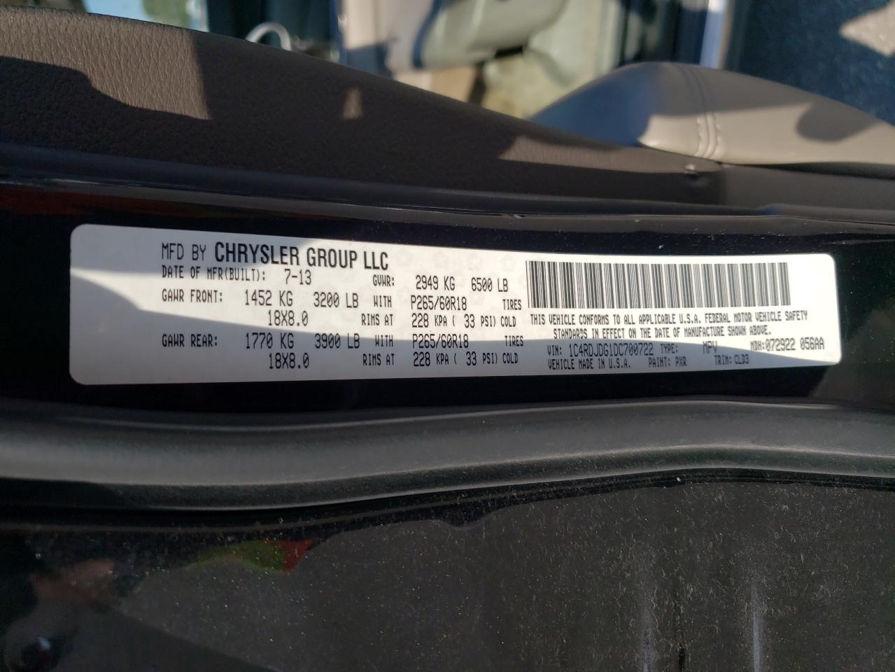 2013 Dodge Durango Crew VIN: 1C4RDJDG1DC700722 Lot: 71443295