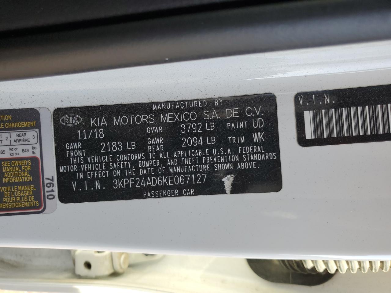 2019 Kia Forte Fe VIN: 3KPF24AD6KE067127 Lot: 80246785