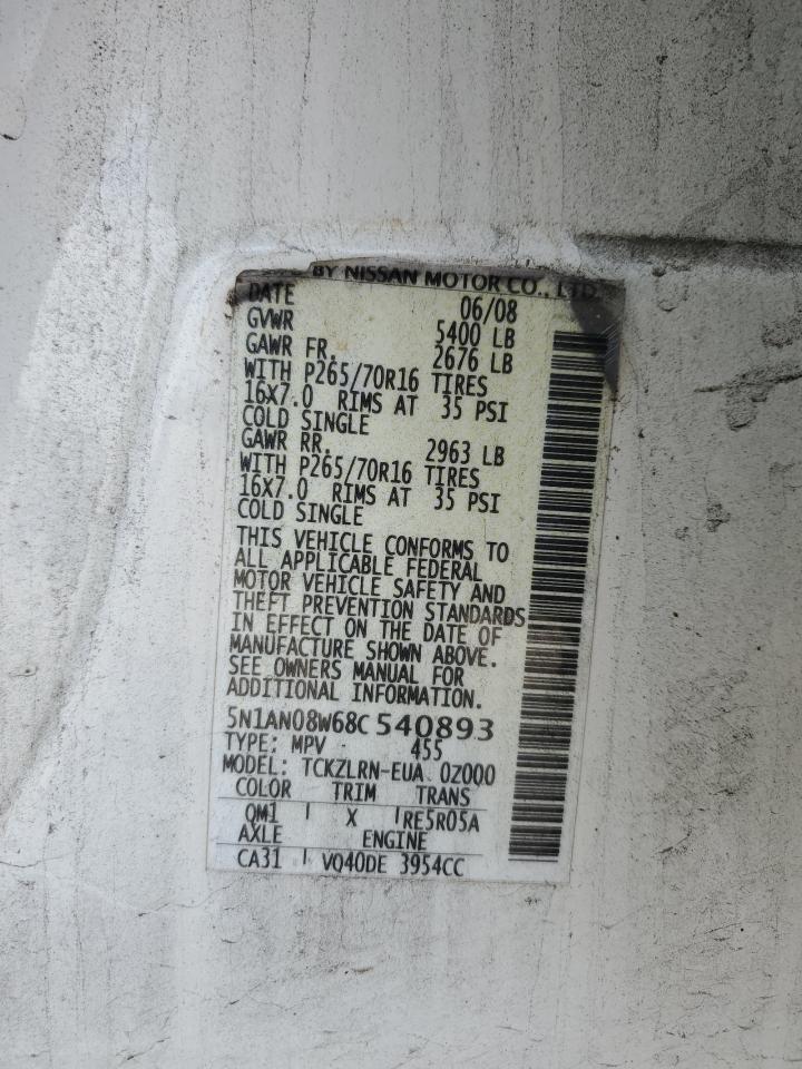 2008 Nissan Xterra Off Road VIN: 5N1AN08W68C540893 Lot: 81878285