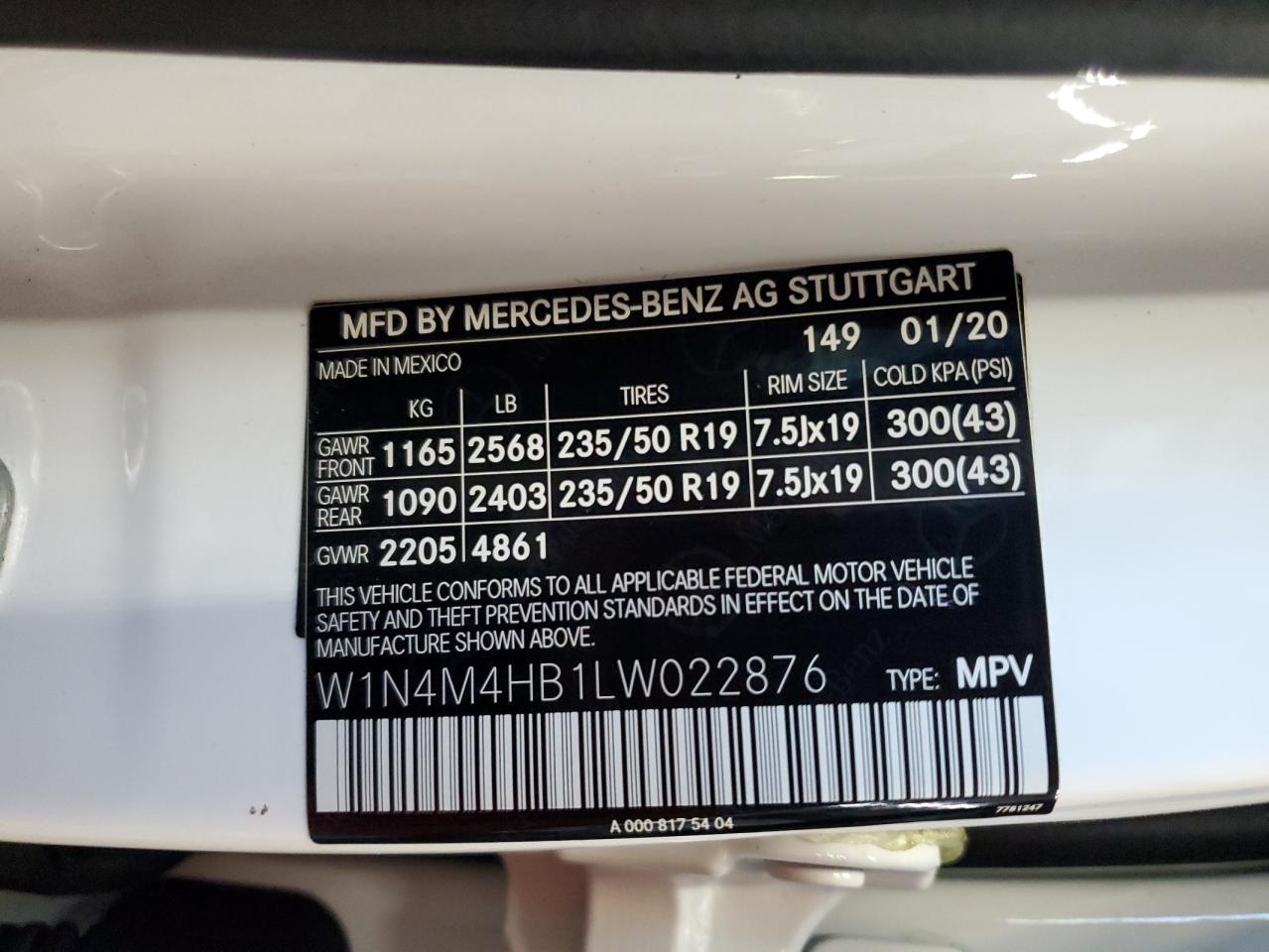2020 Mercedes-Benz Glb 250 4Matic VIN: W1N4M4HB1LW022876 Lot: 80776735