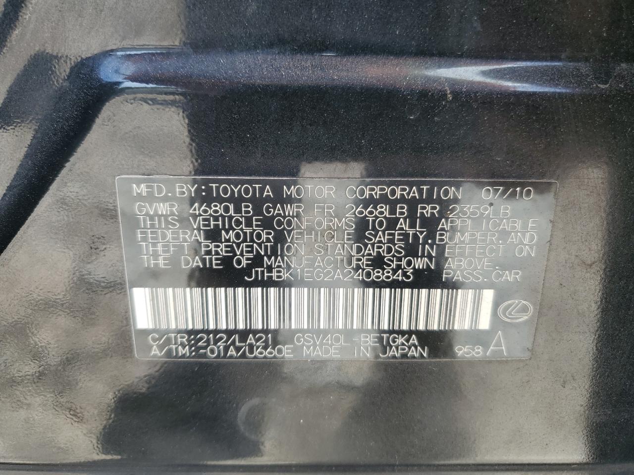 2010 Lexus Es 350 VIN: JTHBK1EG2A2408843 Lot: 71154815