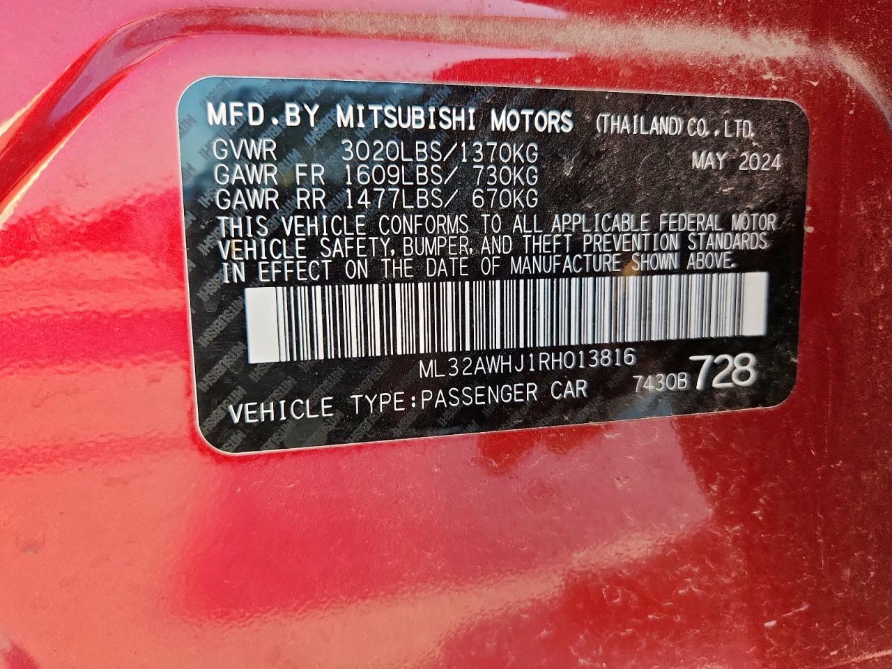 2024 Mitsubishi Mirage Se VIN: ML32AWHJ1RH013816 Lot: 81261545