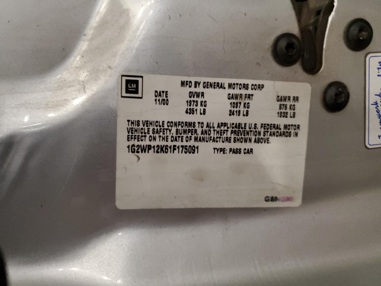 2001 Pontiac Grand Prix Gt VIN: 1G2WP12K61F175091 Lot: 71577405