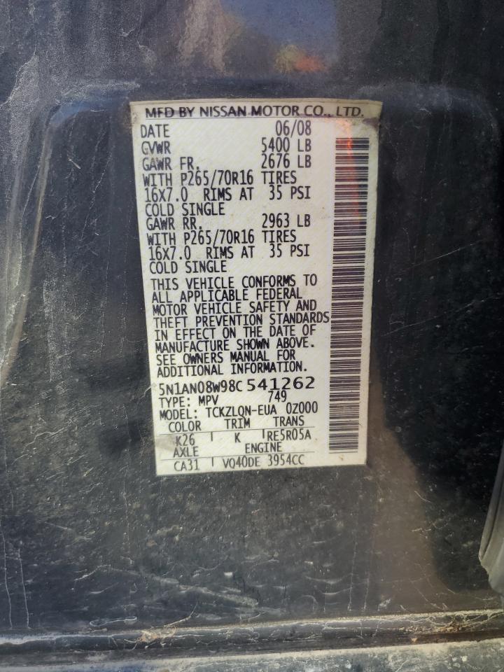 2008 Nissan Xterra Off Road VIN: 5N1AN08W98C541262 Lot: 84431065