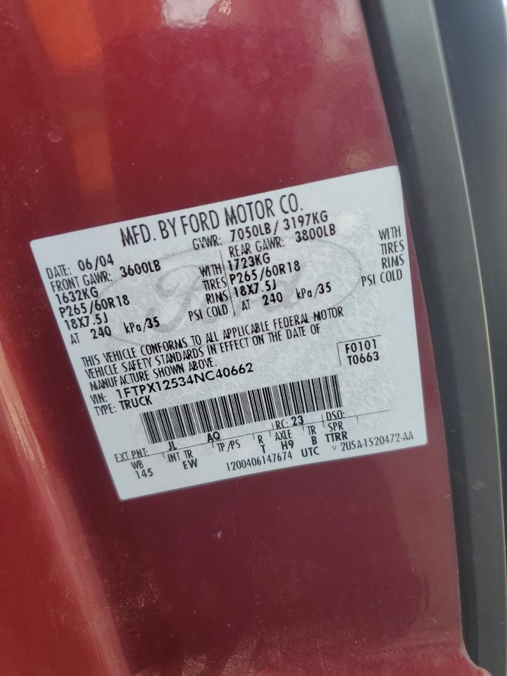 2004 Ford F150 VIN: 1FTPX12534NC40662 Lot: 84567835